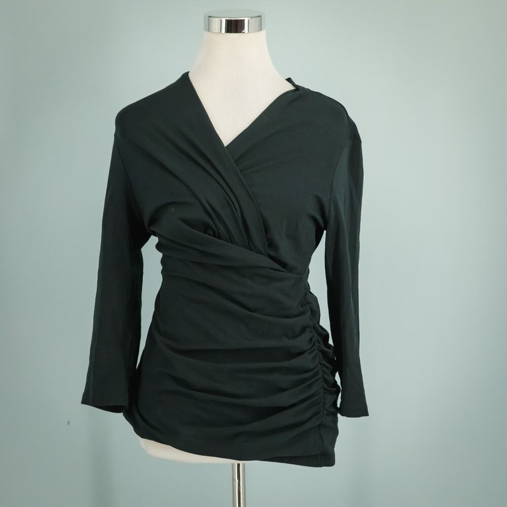 Peruvian Connection Size Medium M Black Solid Ruched Wrap V-Neck Pima Cotton Top - Picture 2 of 7